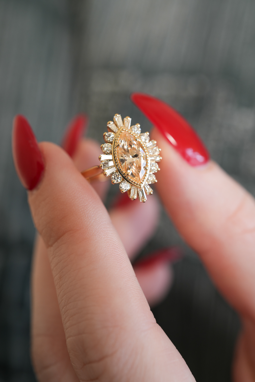 Custom Vintage Halo Champagne Marquise Lannyte 10 x 5mm 14k YG-1-2
