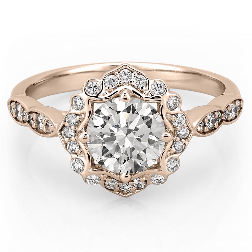 affordable-rose-gold-floral-halo-engagement-ring-with-round-hearts-and-arrows-moissanite