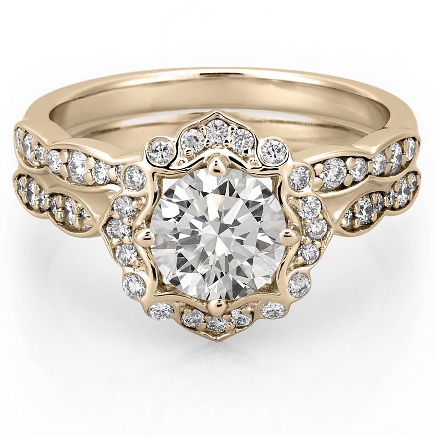 affordable-yellow-gold-floral-halo-engagement-ring-set-with-round-hearts-and-arrows-moissanite