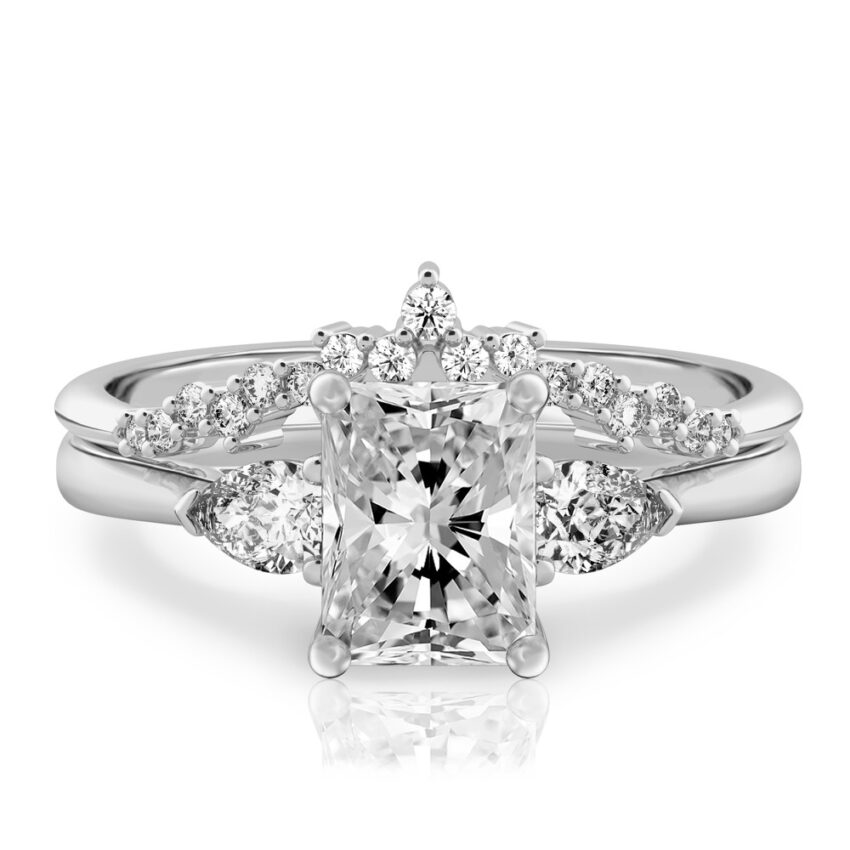 radiant cut diamond pear side stone engagement ring set platinum