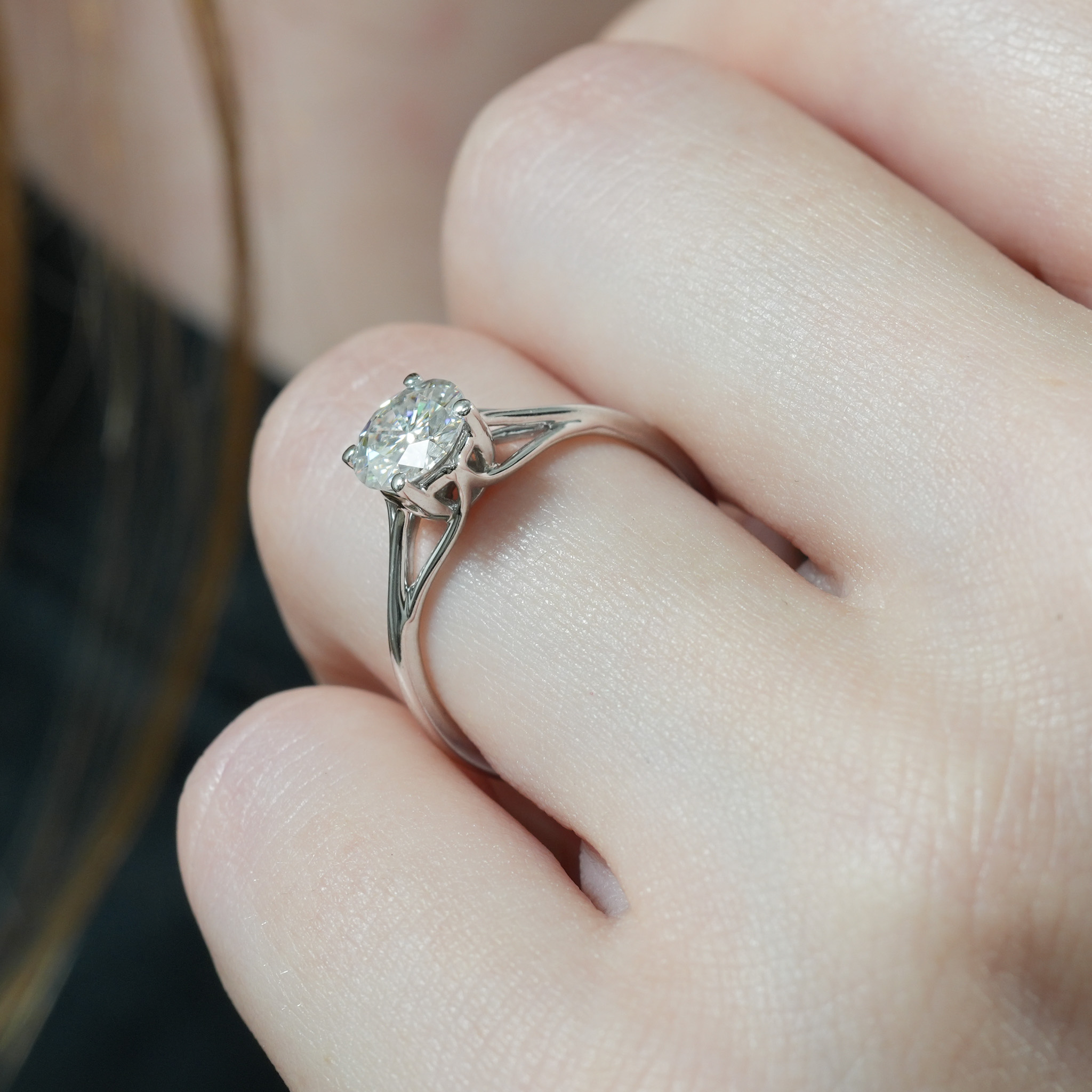 Angle view of split shank solitaire lifestyle