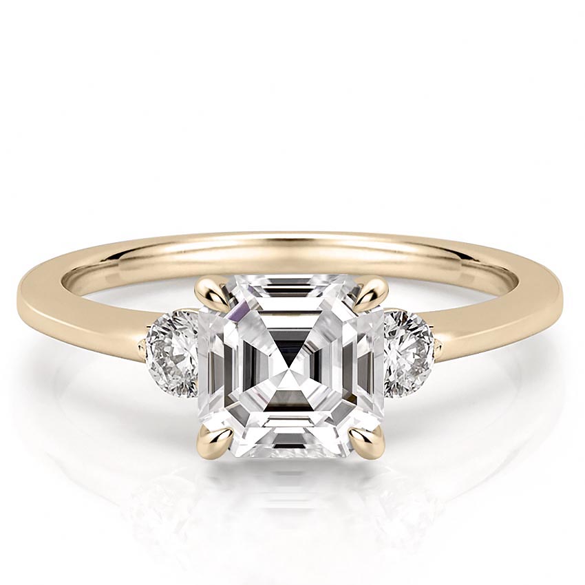 three-stone-ascher-engagement-ring in yellow gold