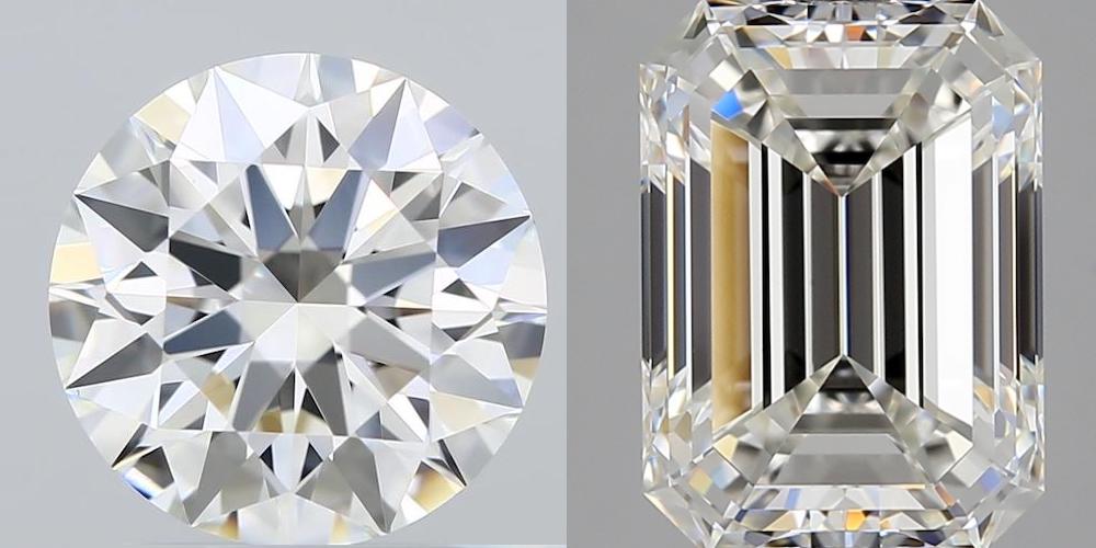 Examples of diamond grading: Dead stones v. ideal cut Round and Emerald with lively contrast