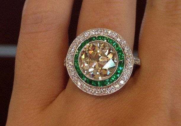 Art Deco Halo Ring With Emeralds and Diamonds