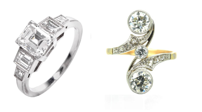 Example of Art Deco Engagement ring on left and Art Nouveau engagement ring on right