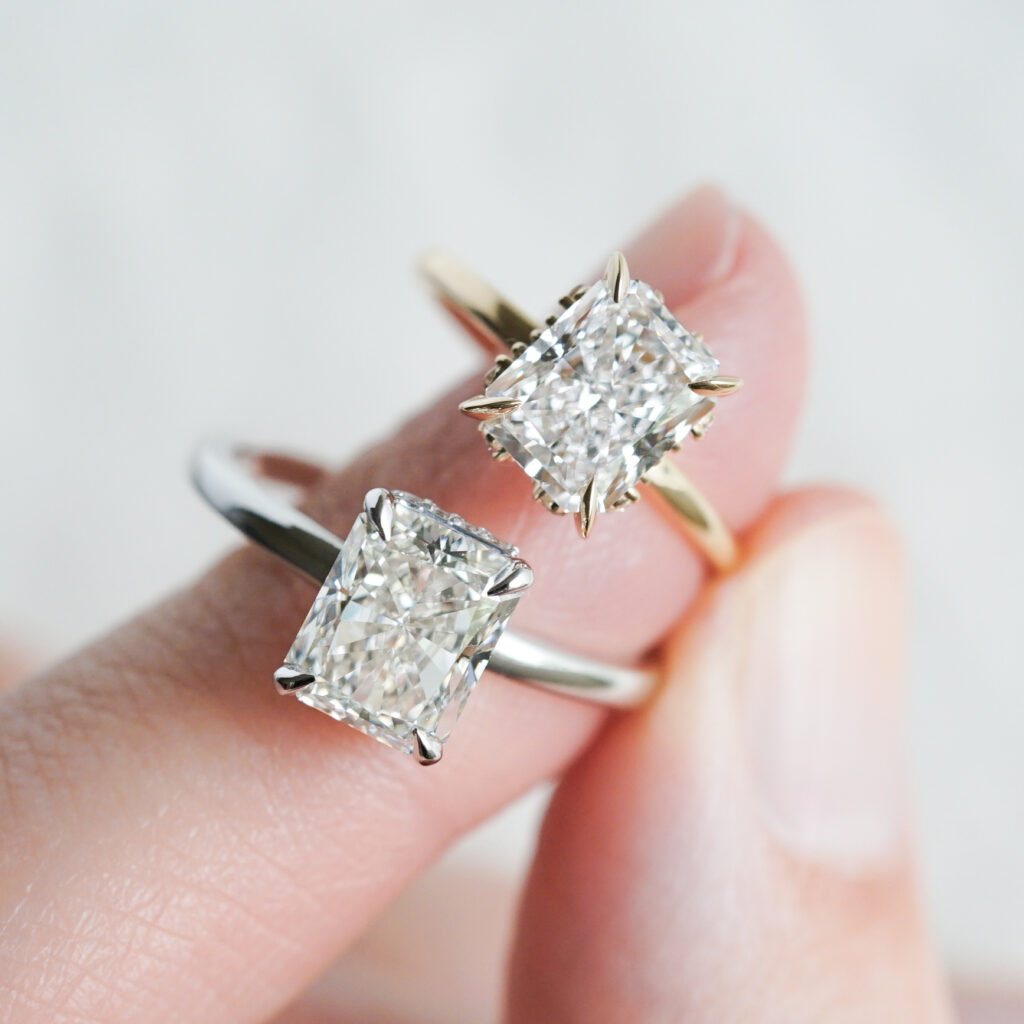 Radiant cut diamond rings in white and yellow gold