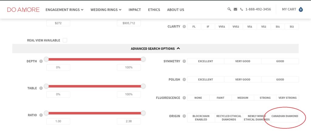 Screenshot of Diamond Search Engine with Canadian Diamond Filter