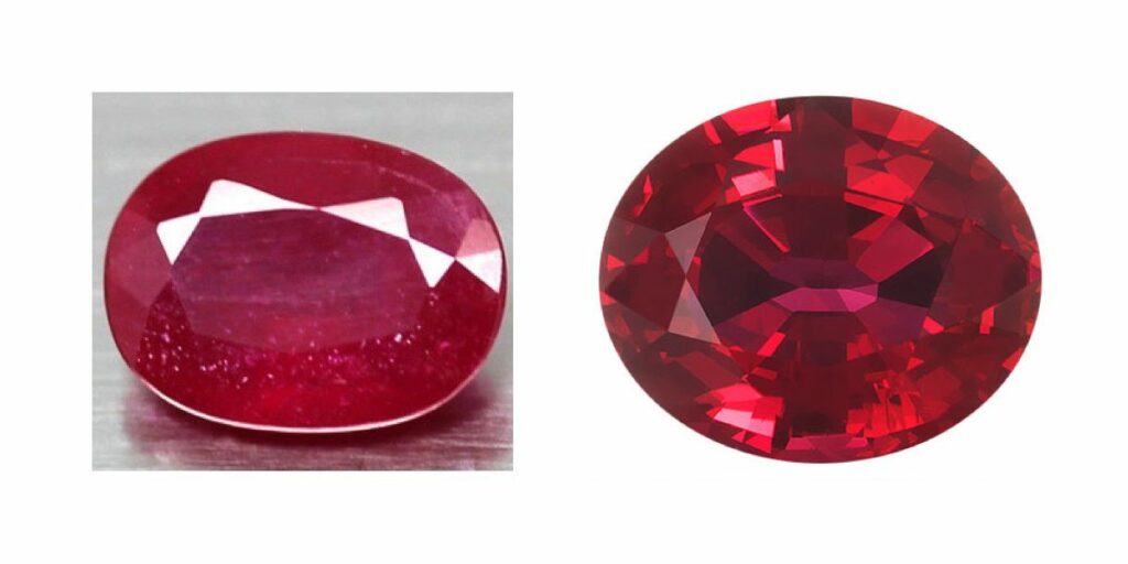 Example of poorly cut, low clarity ruby red stone VS excellent cut and clarity ruby red stone