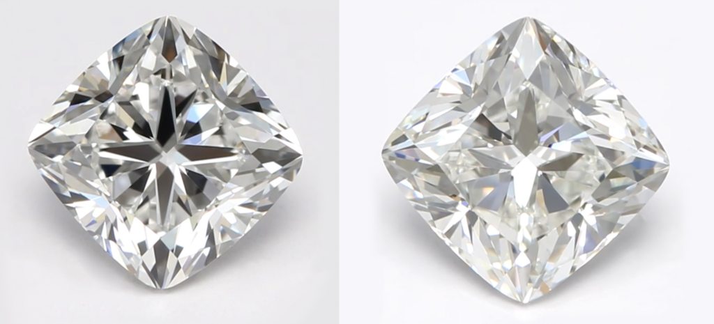 side by side comparison of cushion cut diamond with proper contrast and brilliance vs diamond without contrast