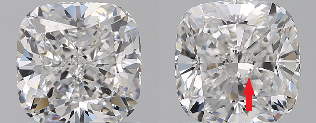 side by side comparison of cushion cut diamond with proper reflection vs diamond with fisheye