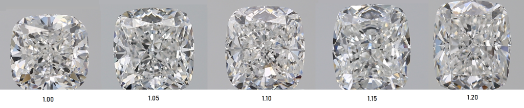 side by side cushion cut diamond ratio comparison