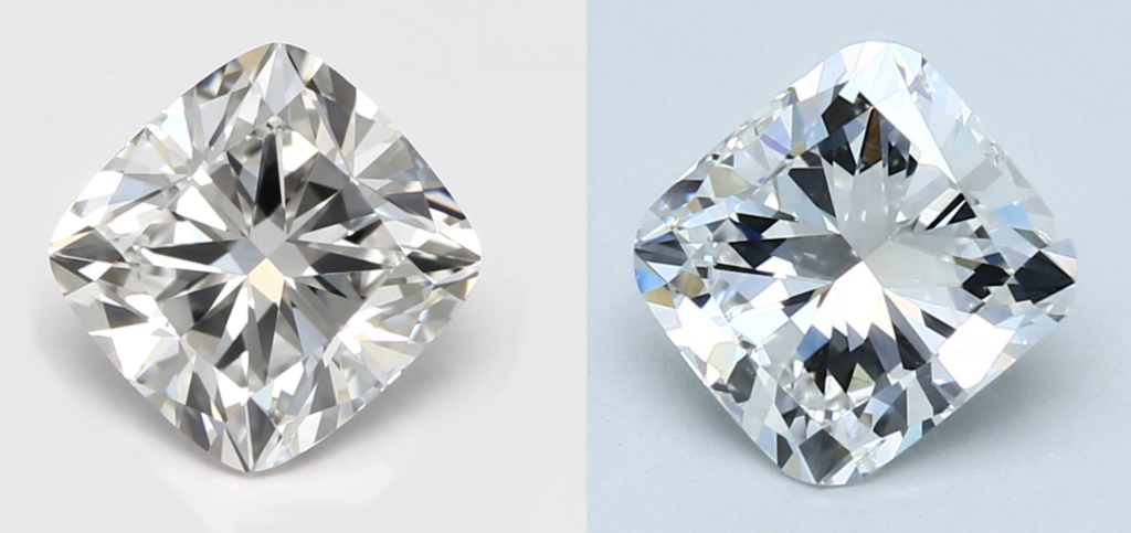 side by side comparison of cushion cut diamond with proper even reflection vs cushion with window