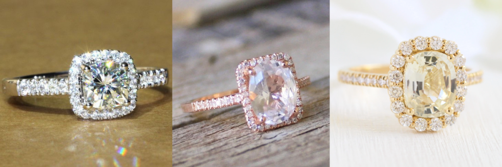 Cushion cut engagement ring in white gold, yellow gold, and rose gold