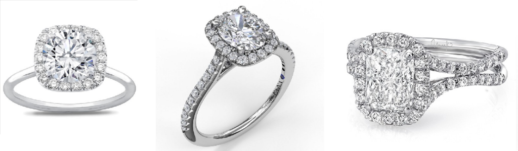 Different center stone shapes in cushion cut halo engagement ring