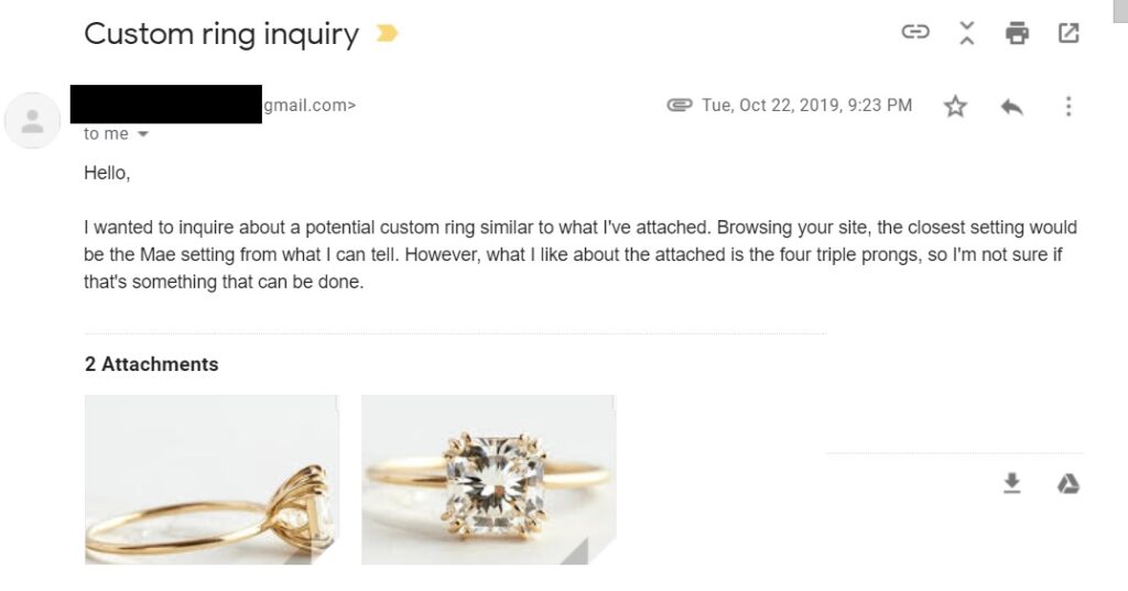 Example of Custom Ring Inquiry Email