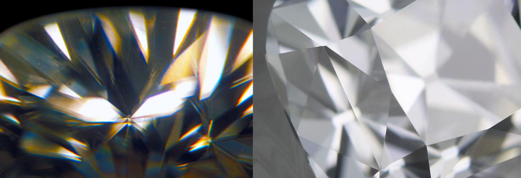 Moissanite vs Diamond side by side under magnification