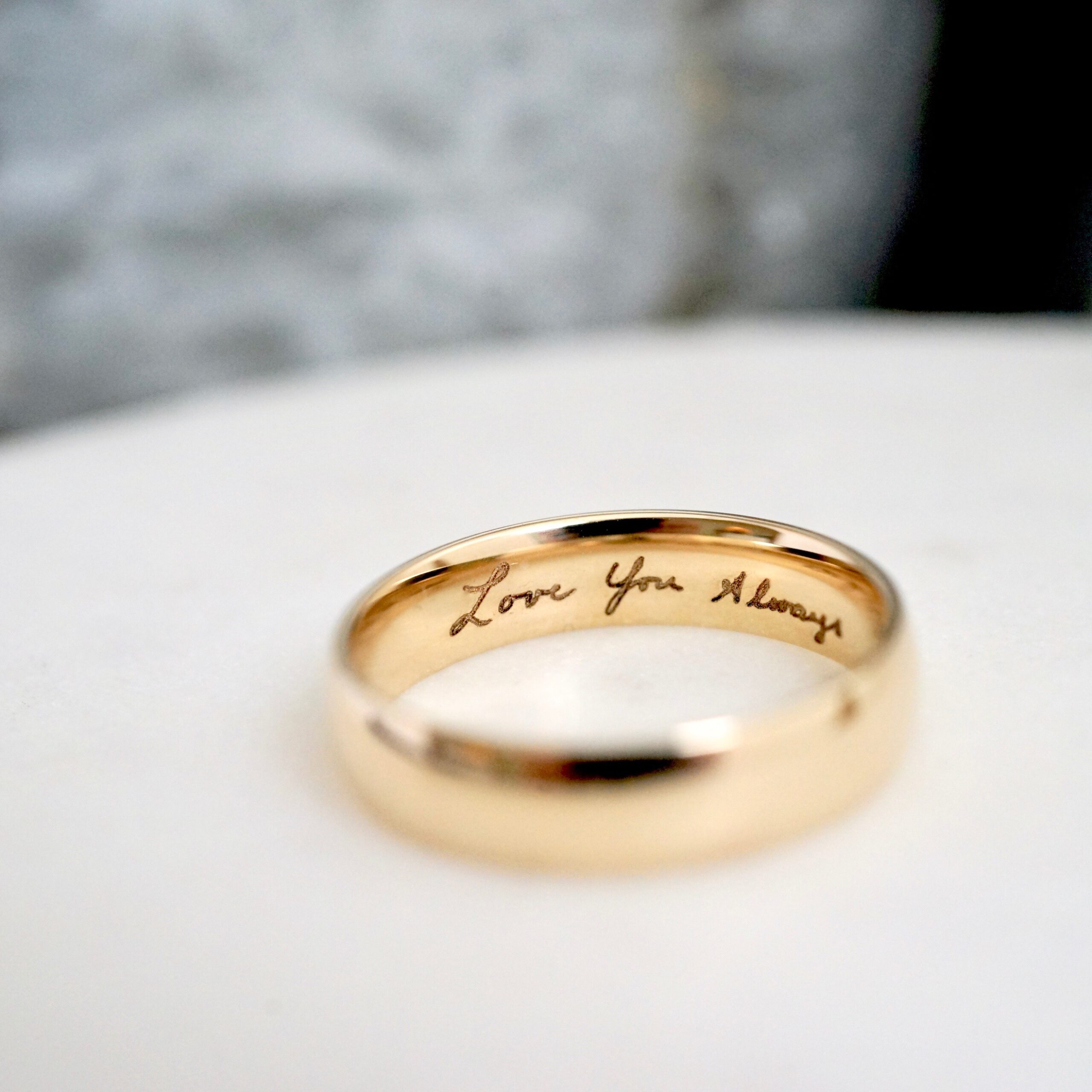 Mens wedding band with handwritten engraving