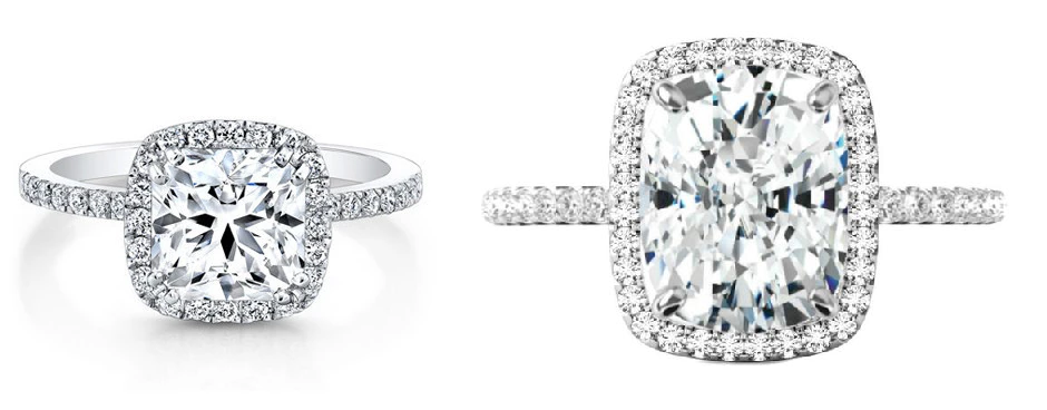 Example of Elongated Cushion cut halo ring vs Square cushion cut halo engagement ring