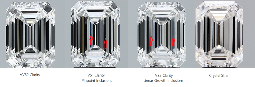 Emerald cut diamond clarity quality examples including VVS vs VS and crystal strain