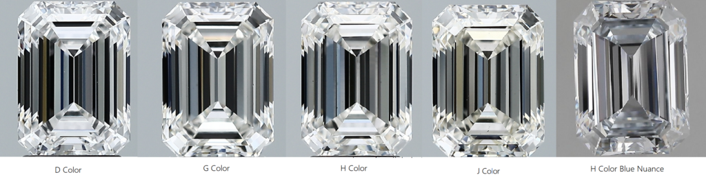 Emerald cut diamond color quality examples including D to J scale and blue nuance