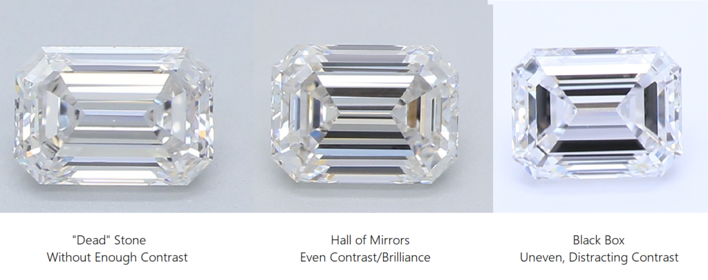 Emerald cut diamond quality side by side including dead stones hall of mirrors and black boxes