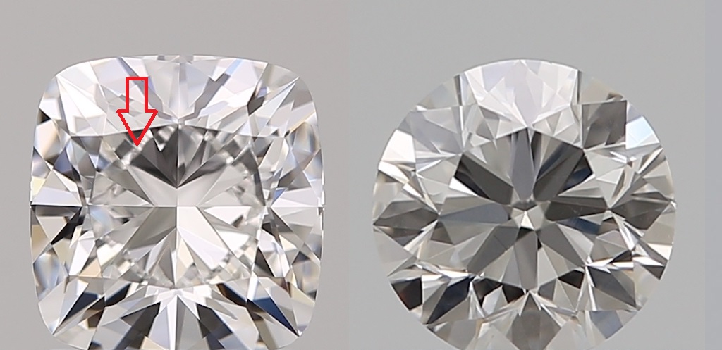 Comparison of Cushion diamond with fisheye and Round with nailhead