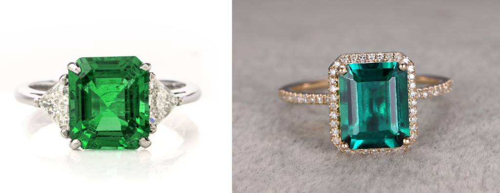 Side by side comparison of Natural vs Lab Emerald engagement rings