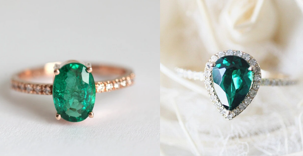 Oval vs Pear Emerald Engagement rings side by side