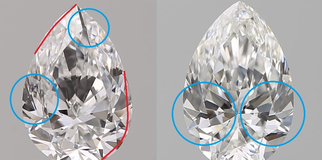 Diamond grading comparison of Pear cut diamonds; asymmetry on right, symmetry on left