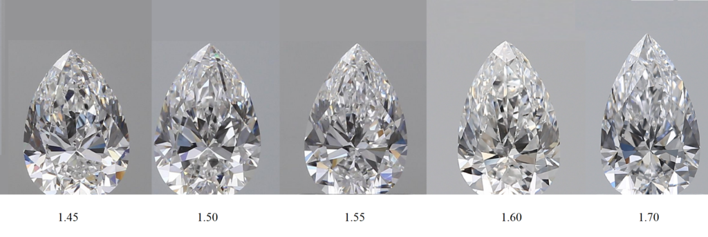 Pear diamond length to width ratio side by side