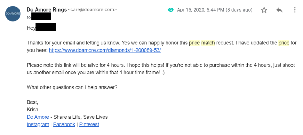 Example of Price Match Approval Email