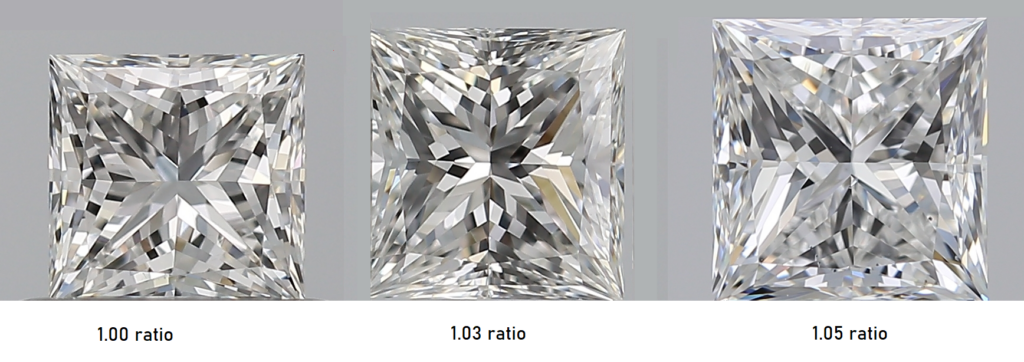 Length to width ratio comparison side by side for princess cut diamond ring