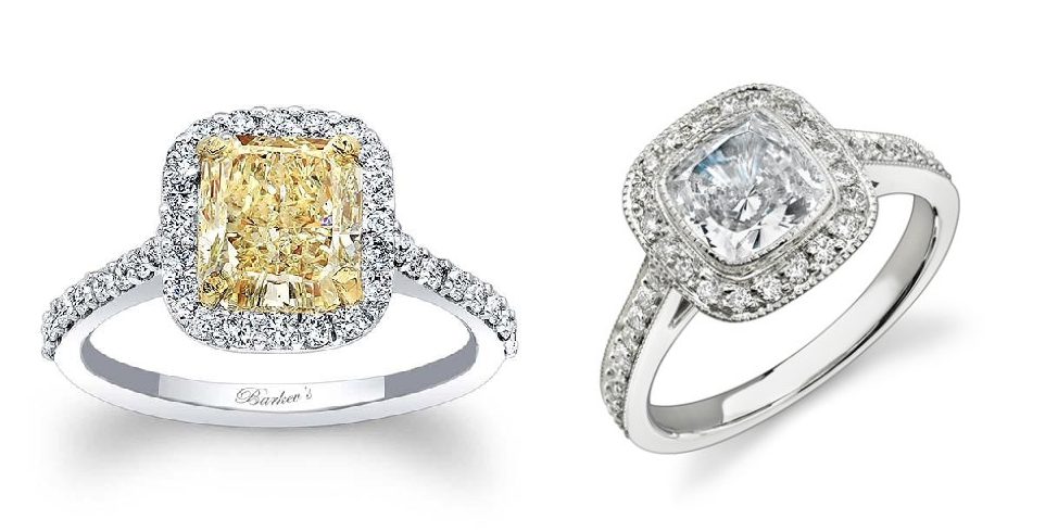 Different bezel set and prong set cushion cut engagement rings