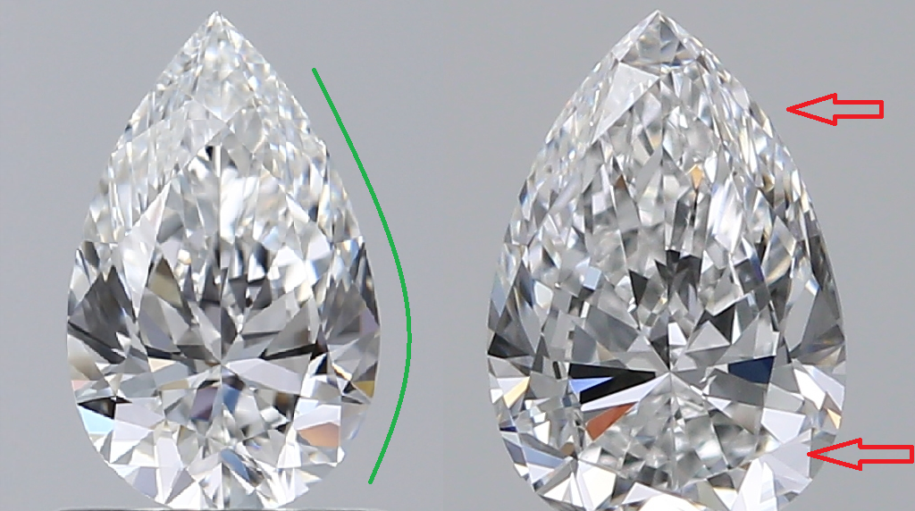 Soft pear diamond vs blocky pear diamond side by side comparison