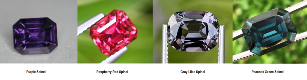 Purple spinel, red spinel, gray spinel, and green spinel examples side by side