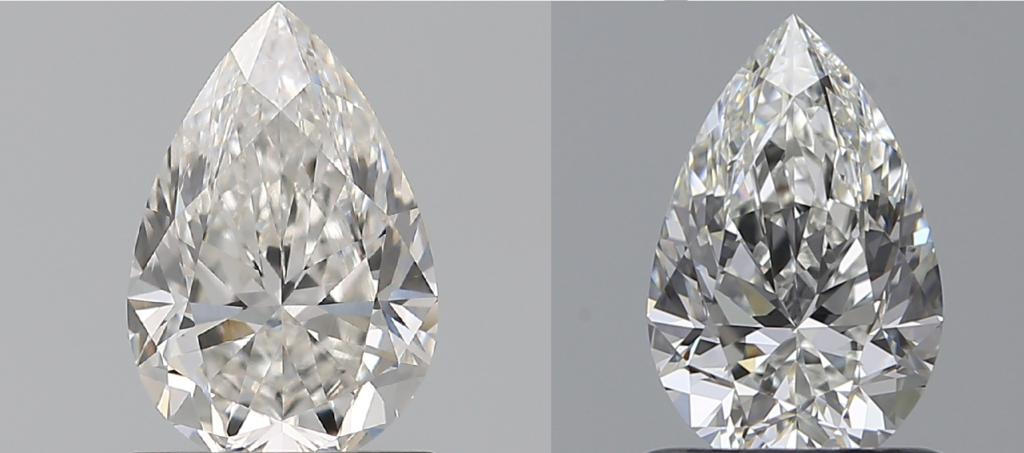 Washed out pear cut vs sparkly pear diamond side by side