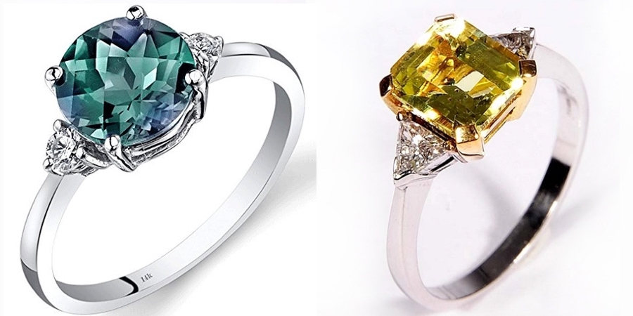 teal colored and amber gemstone engagement rings in white gold