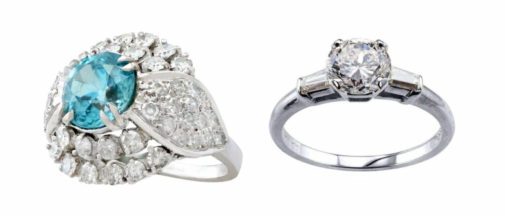 1950s and 1960s engagement rings: halo ring and three stone engagement ring