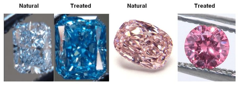 blue natural vs treated diamond and pink natural vs treated diamond