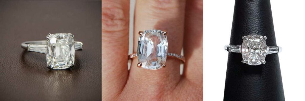 elongated cushion colorless engagement rings