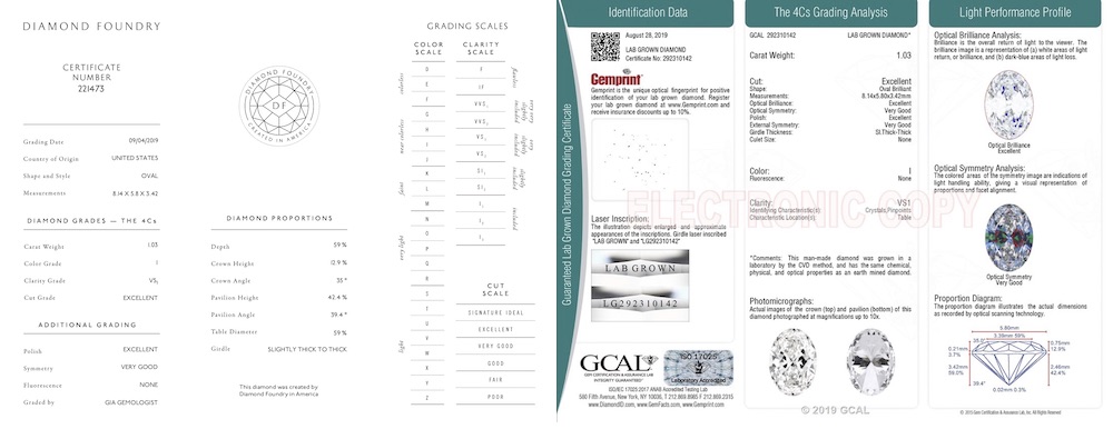 example of diamond foundry certificate and gcal certificate