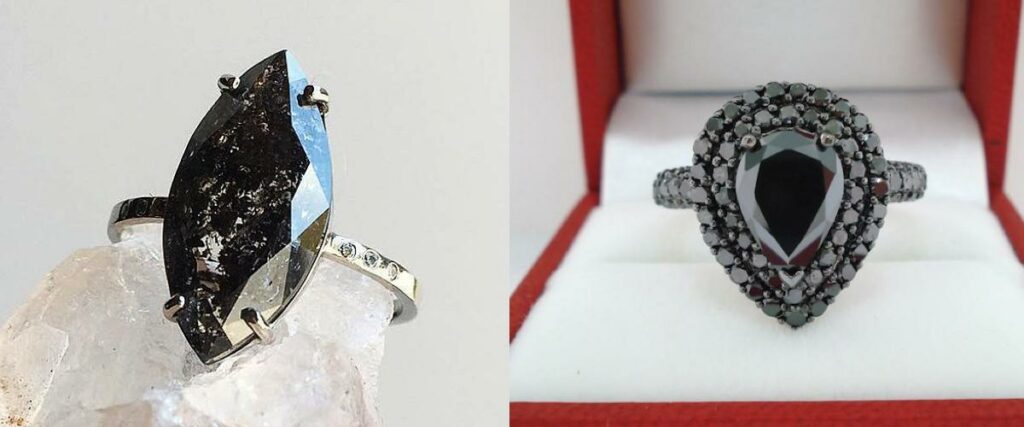 fancy cut black diamond engagement rings in white gold and dark gray metal