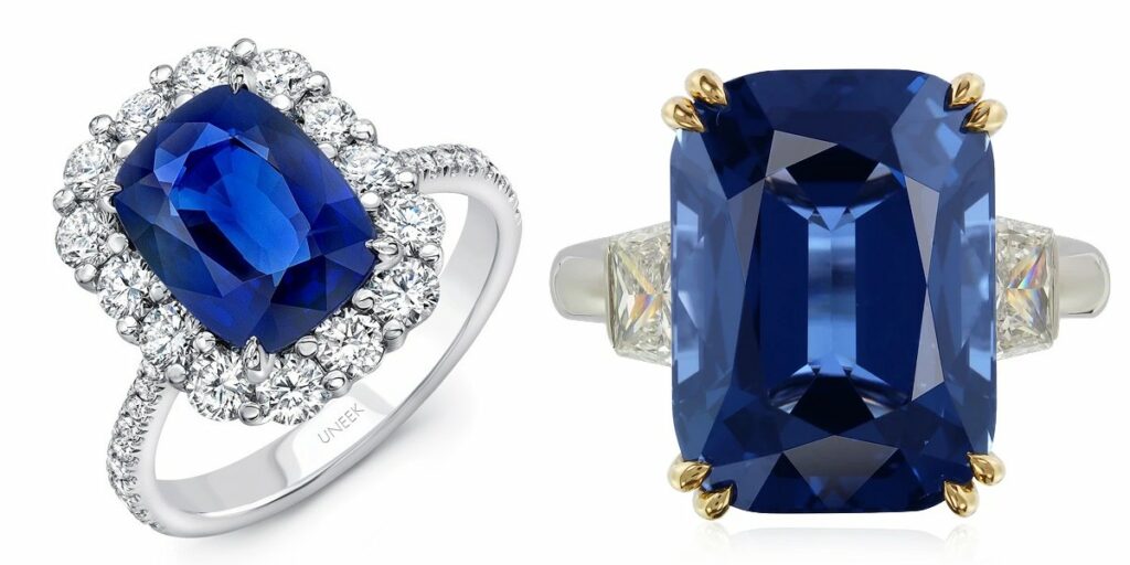 engagement rings with elongated cushion sapphire and spinel gemstones