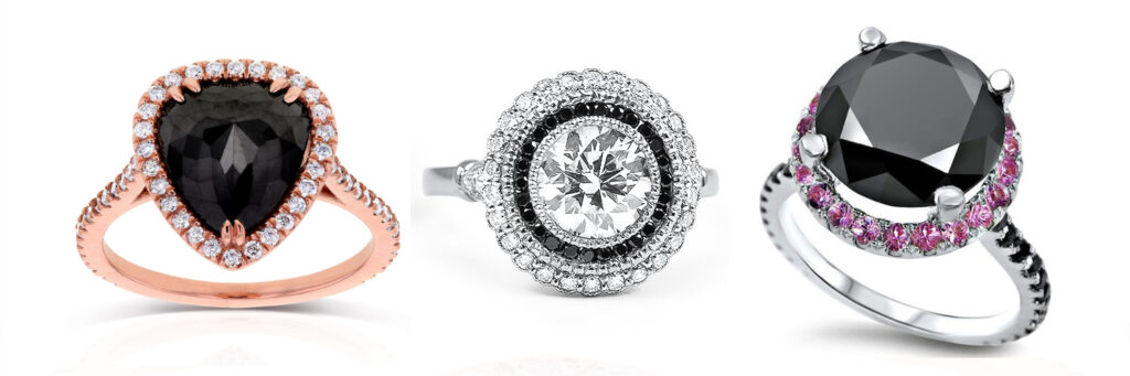 halo black diamond engagement rings in rose gold and white gold