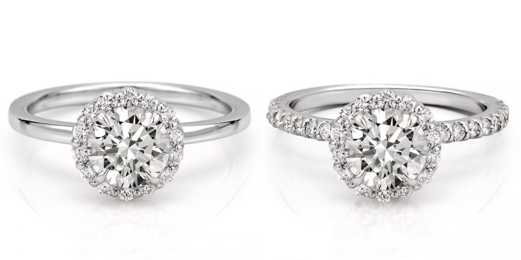 halo ring with side diamonds compared to halo ring without side diamonds in white gold