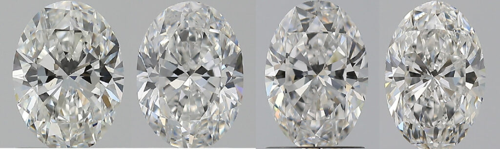 side by side comparison of 1.35, 1.40, 1.45, and 1.50 length-to-width ratios in oval cut diamonds