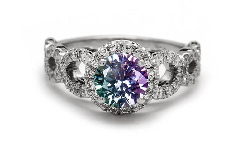 opal engagement ring alternative with side diamonds and alexandrite center stone