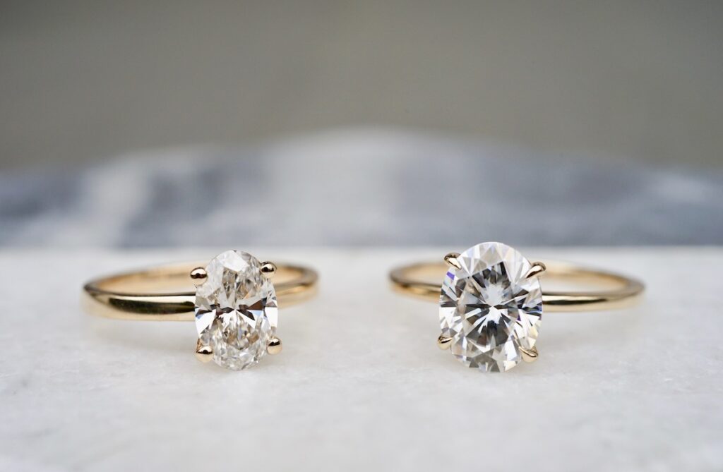 engagement rings with oval cut lab diamond and oval moissanite