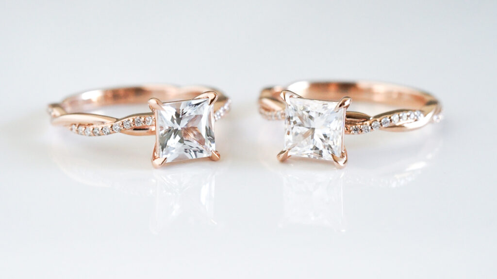 two princess cut diamond rings in rose gold