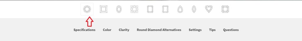 shapes of diamonds on website with red arrow for diamond grading